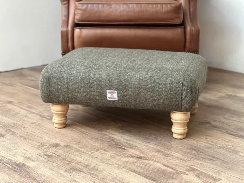 Sherwood Large Footstool Harris Tweed Herringbone Moss C001T 2