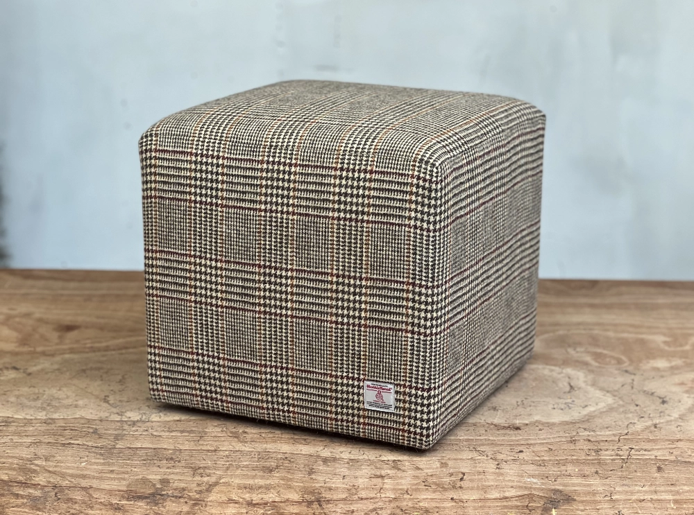 Kielder Cube Footstool Harris Tweed Dogtooth Bronze L006D 1