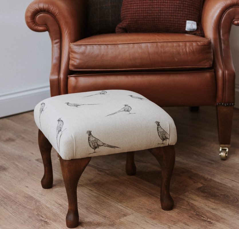 Balmoral Tall Small Footstool Country Print Pheasant Linen 1
